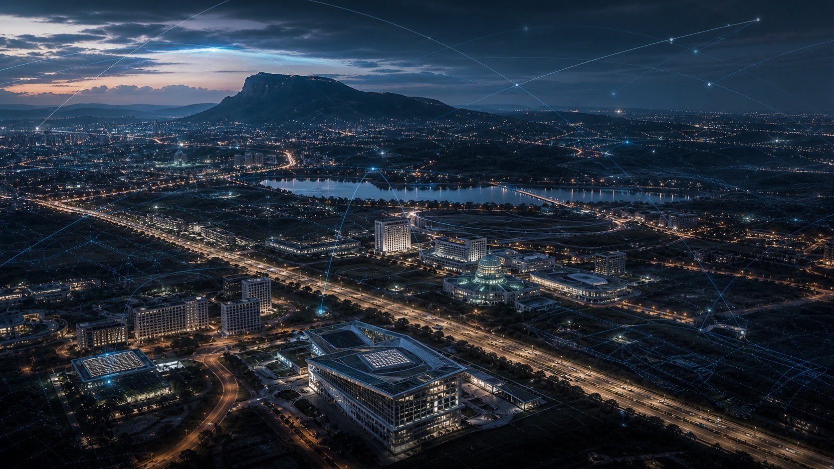 Cinematic aerial view of Abuja with geospatial data overlays and surrounding terrain