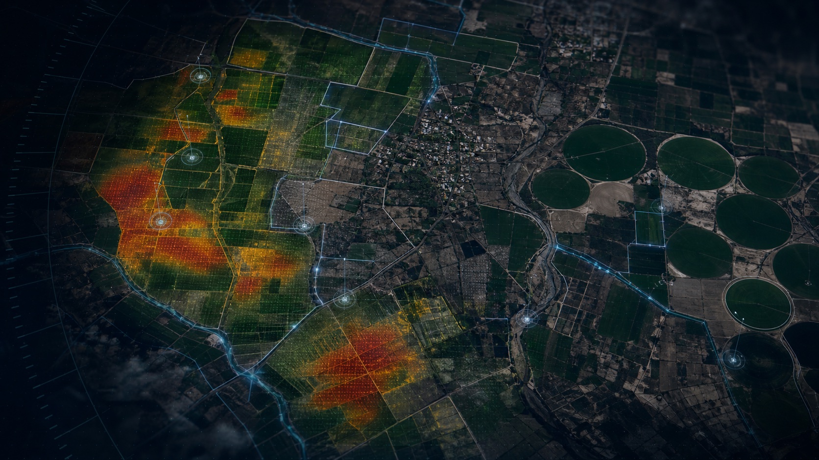 Satellite intelligence view of agricultural terrain and environmental stress signals