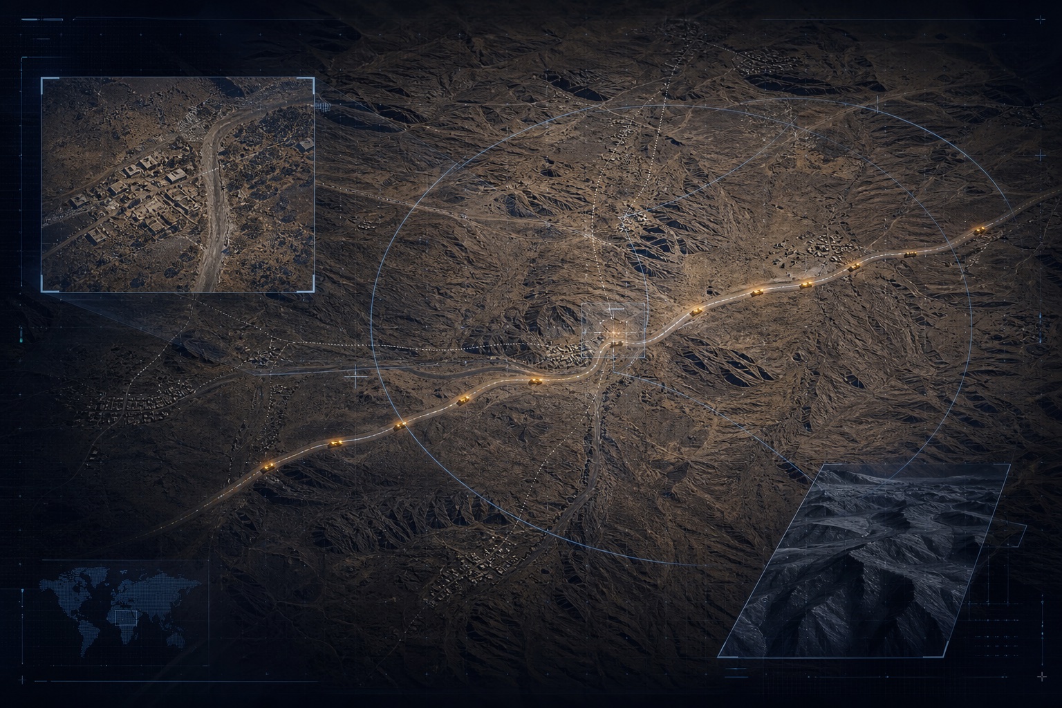 Aerial intelligence view of border terrain with route and sensor overlays