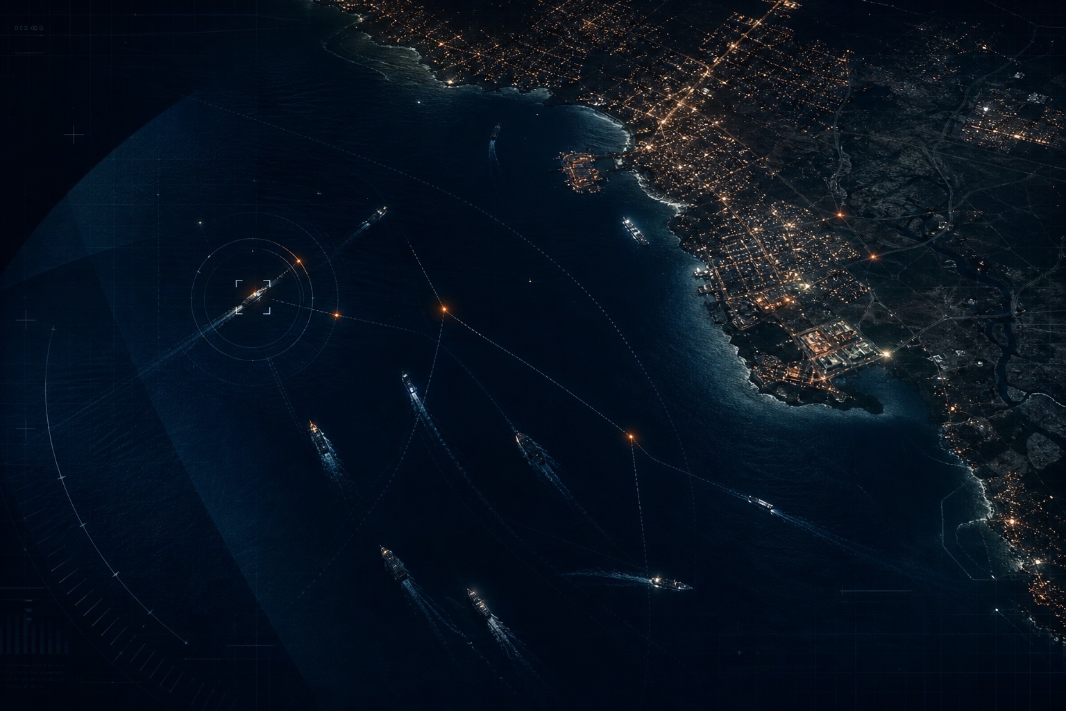 Satellite maritime surveillance view with vessel tracks and coastal sensor overlays